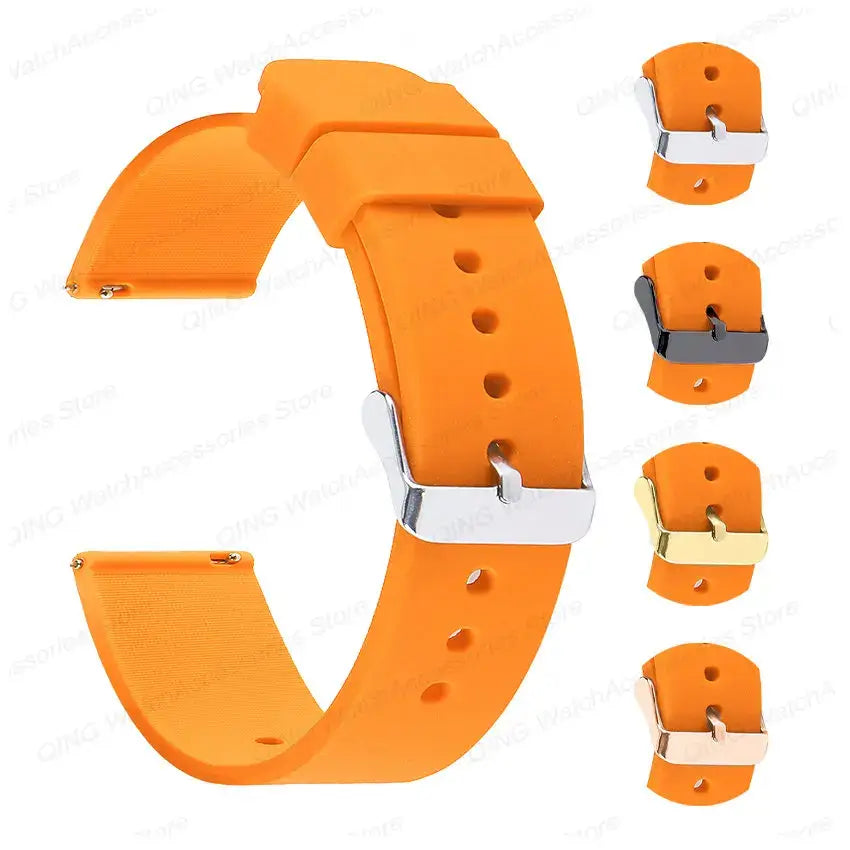 Bright orange silicone strap for Samsung Galaxy Watch with adjustable metal buckles and sleek design.
