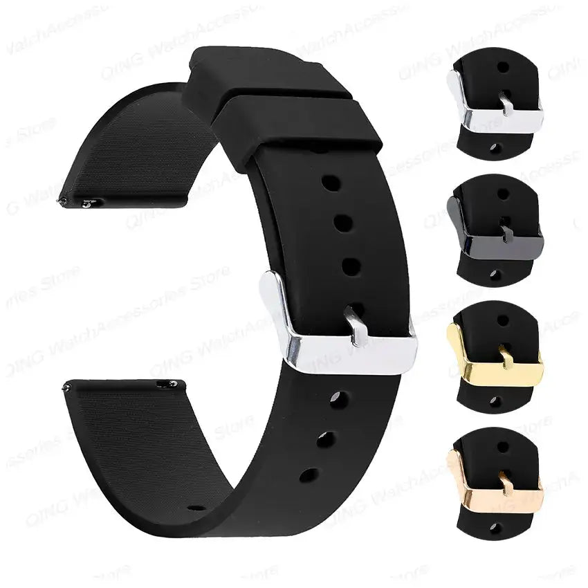 Black silicone strap for Samsung Galaxy Watch, adjustable, secure fit, available in multiple colors and styles.