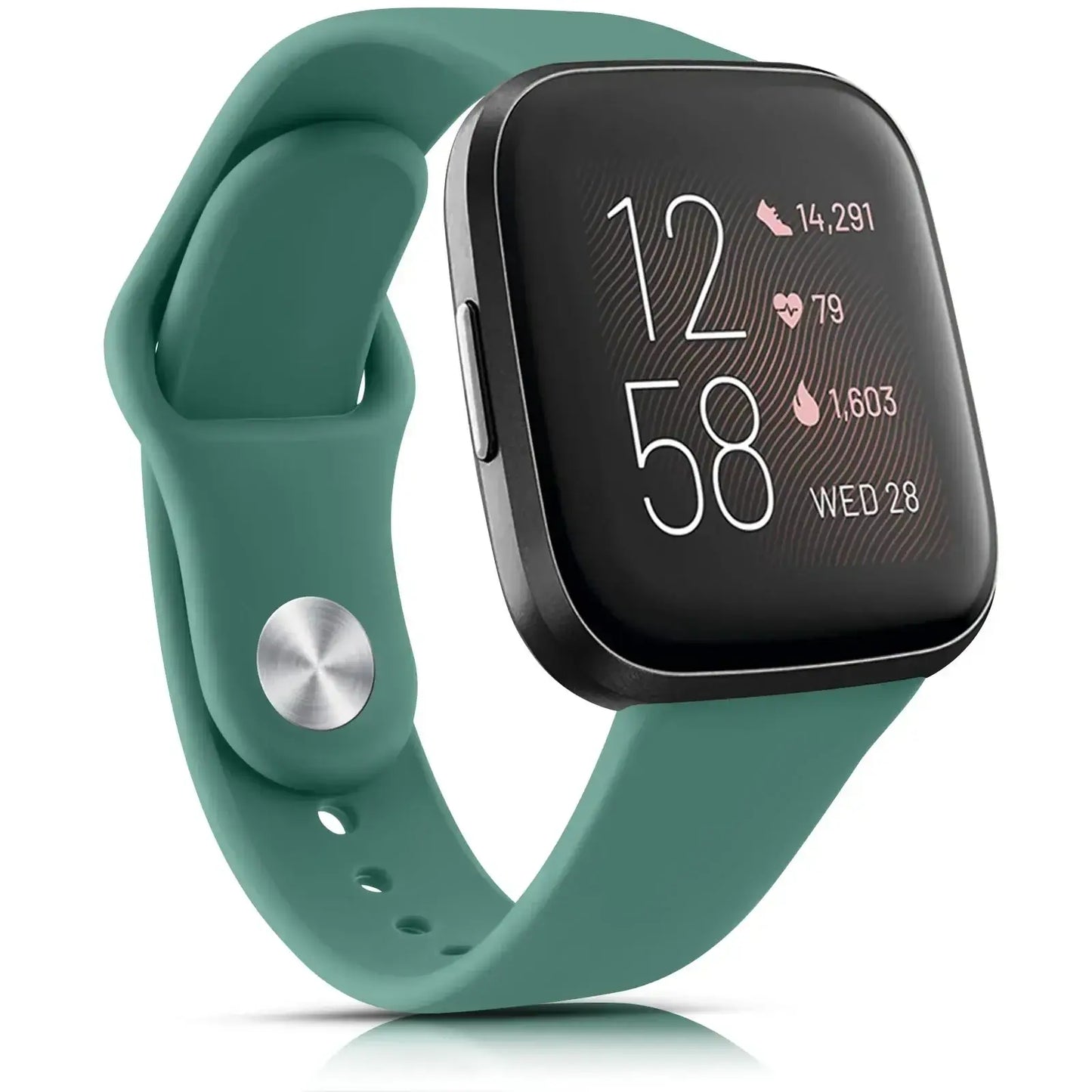 Stylish green silicone band for Fitbit Versa and Sense, featuring a sleek design and modern smartwatch display.