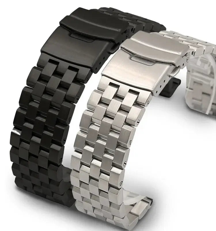 Black and silver stainless steel straps for Ticwatch, stylish and durable watch bands for various models.
