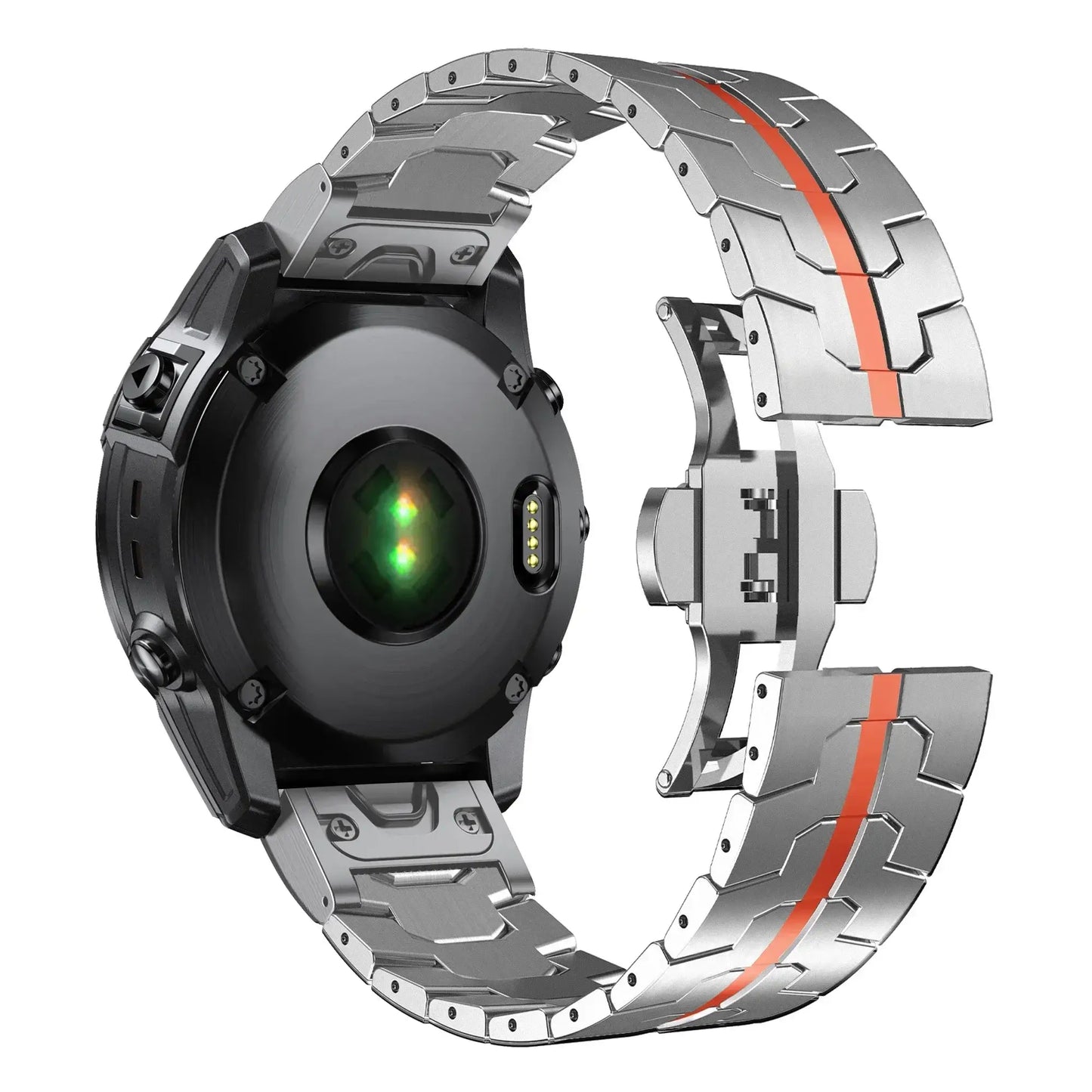 Stylish stainless steel Garmin QuickFit band with sleek design and practical features for daily wear and activities.