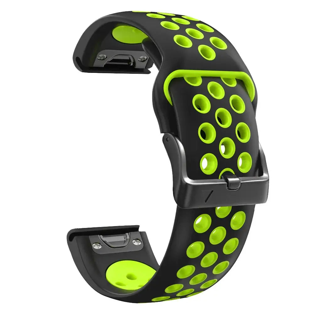 Breathable black and neon green silicone Garmin QuickFit band for a modern, minimalist sports look.