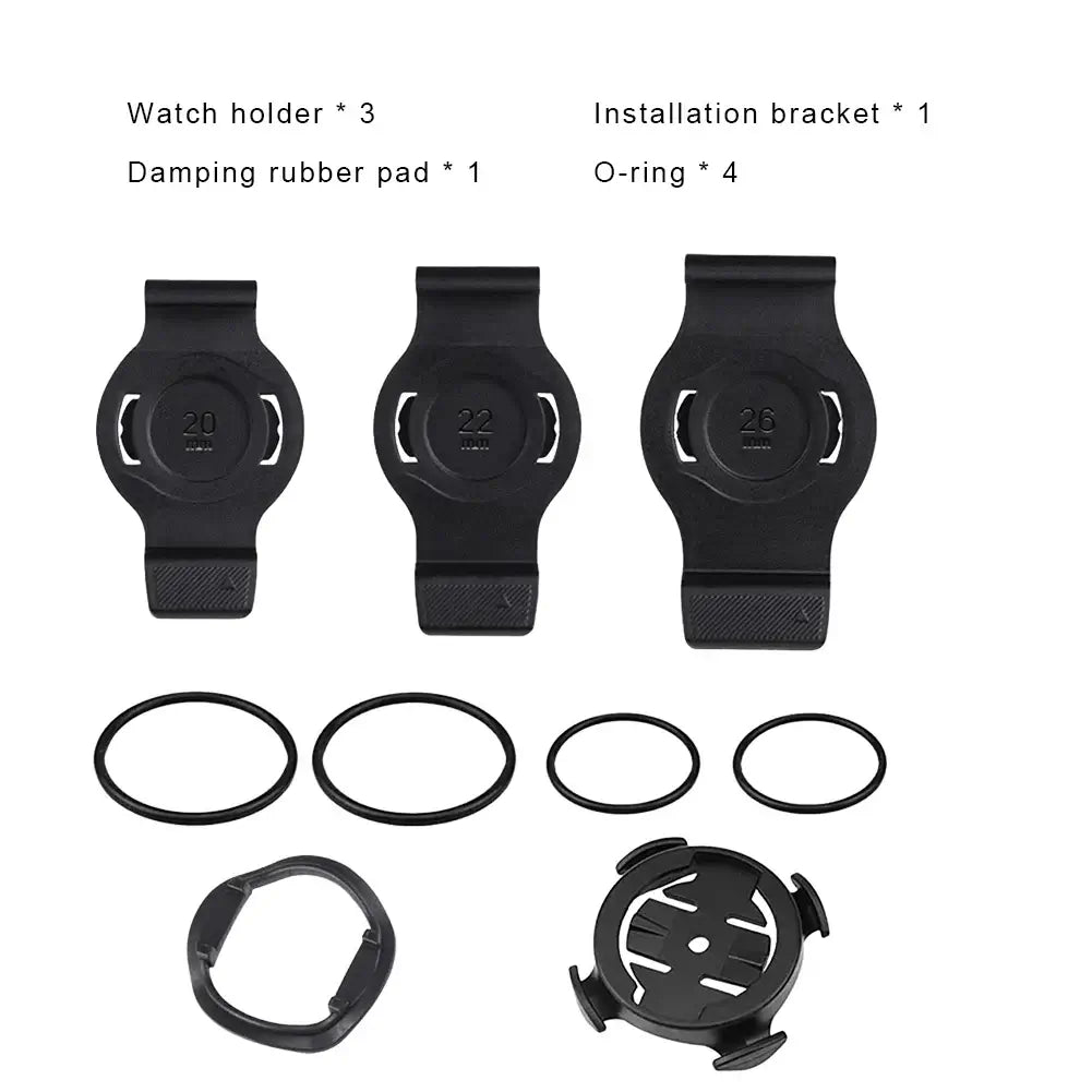 Garmin smartwatch bike mount accessories including watch holders, damping rubber pad, installation bracket, and O-rings.