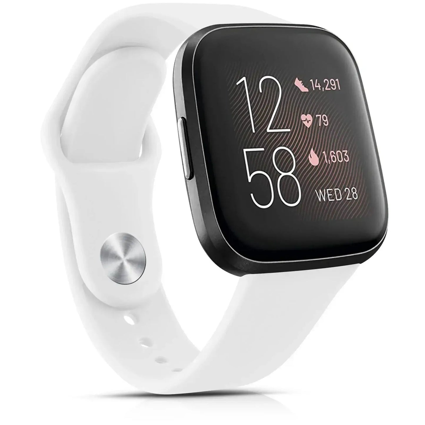 Stylish white Fitbit Versa smartwatch displaying stats on a sleek black screen, perfect for tracking fitness and personalizing your look.