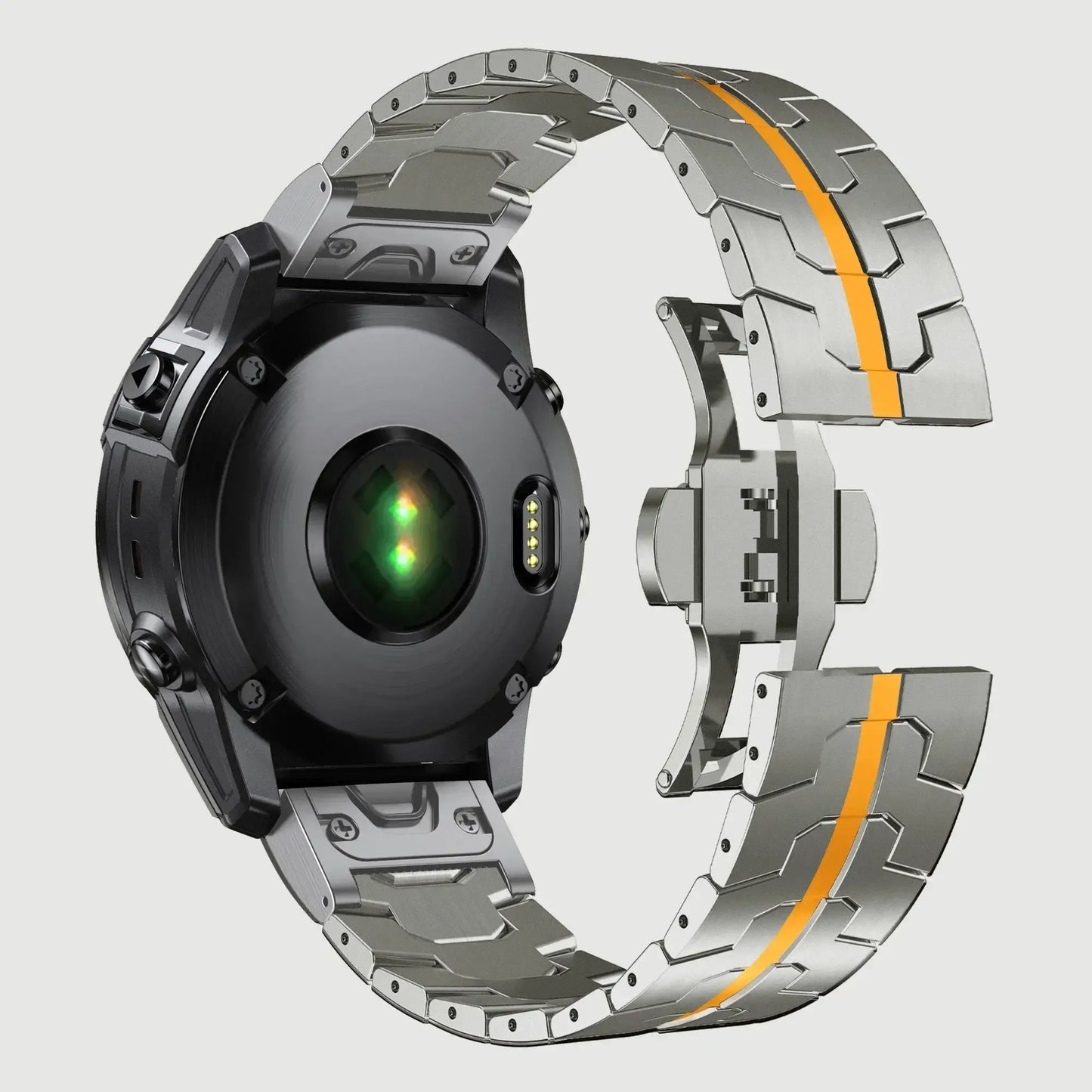 Stainless steel QuickFit Garmin band showcasing a sleek design and practical functionality for versatile wear.