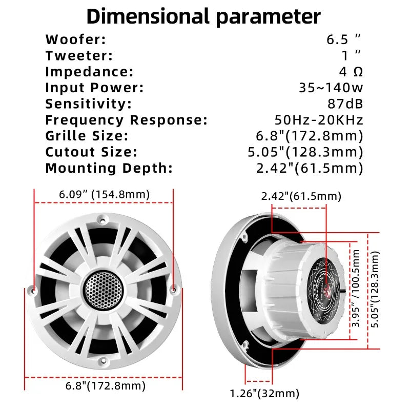 6.5 in LED Golf Cart Speaker, Waterproof Marine Coaxial Speaker, White