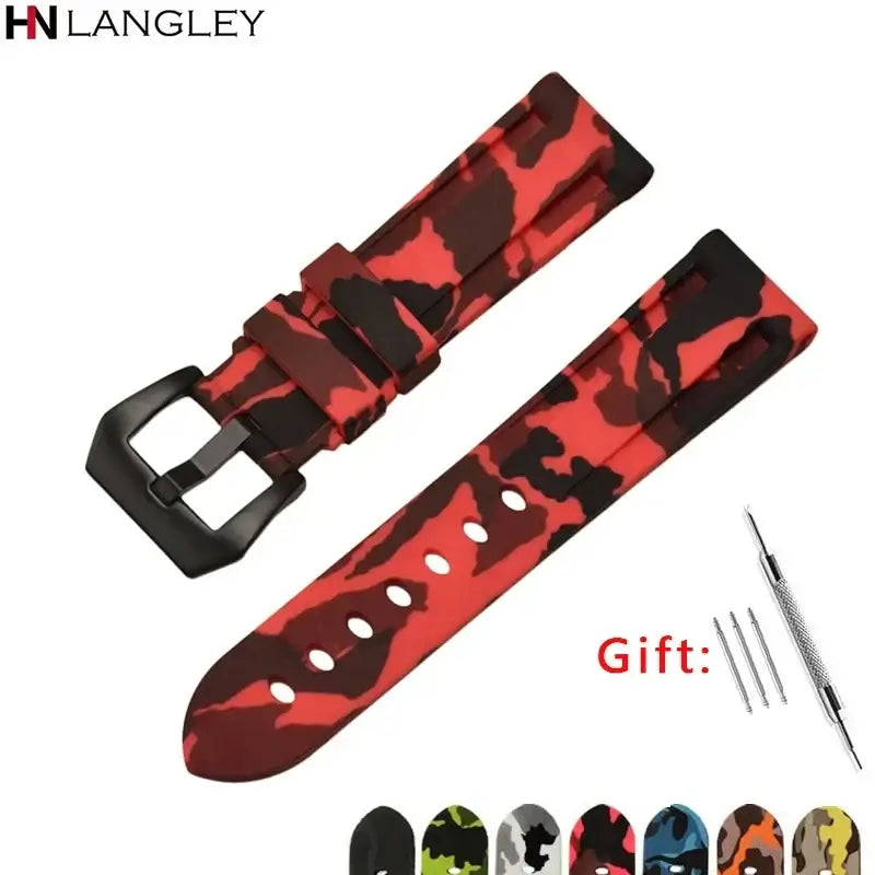 Stylish red camo silicone Huawei watch band with black buckle, perfect for a modern look and versatile outfits.