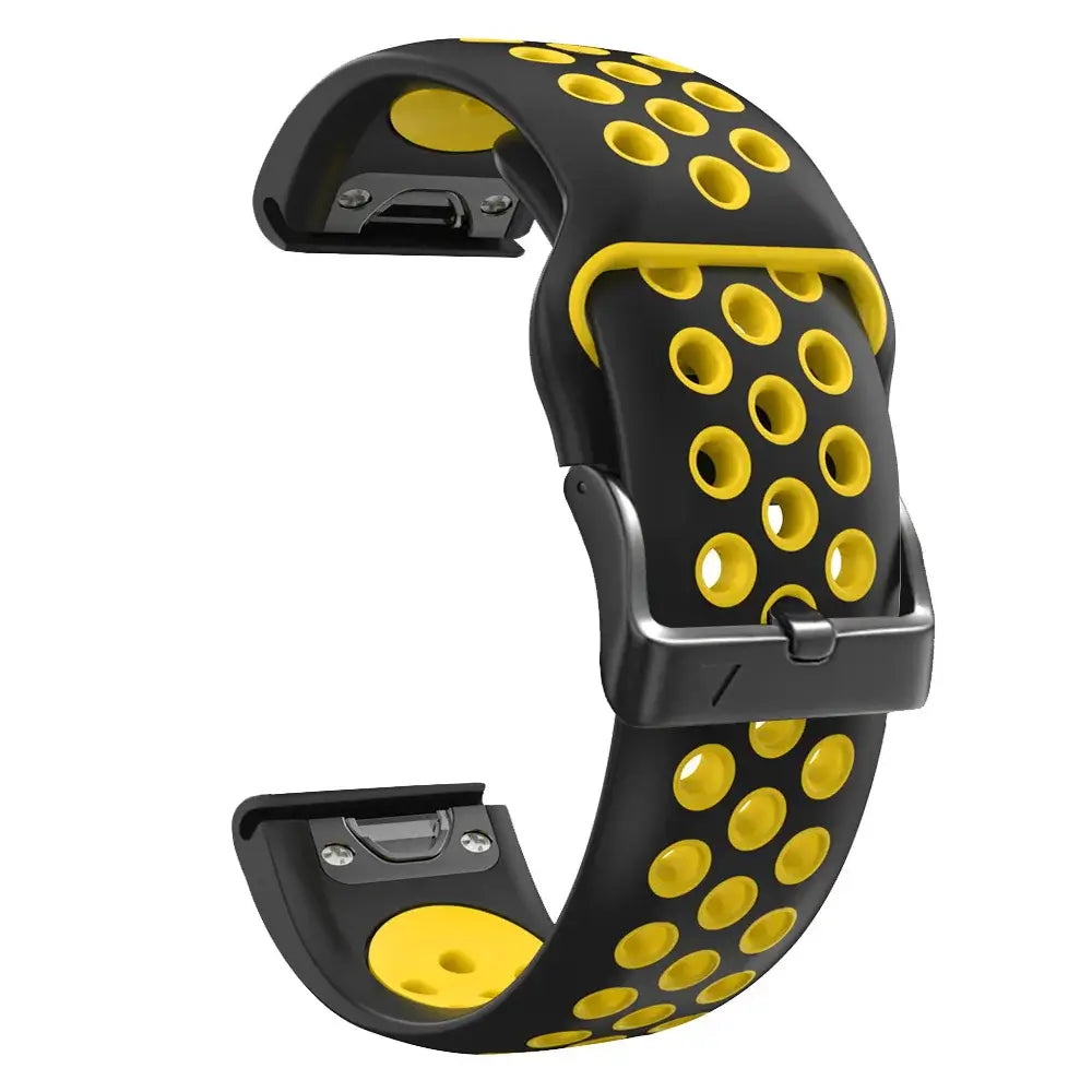 Breathable black and yellow silicone Garmin QuickFit band, designed for comfort and modern style. Perfect for active lifestyles.
