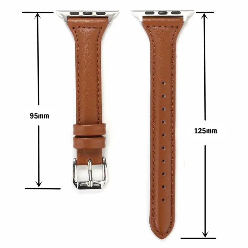 Slim leather strap for Apple Watch, showcasing premium design and dimensions of 95mm and 125mm for a perfect fit.