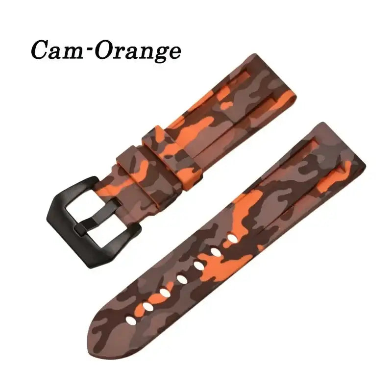 Silicone camo watch band in orange and brown, perfect for a stylish upgrade to your Huawei Watch.