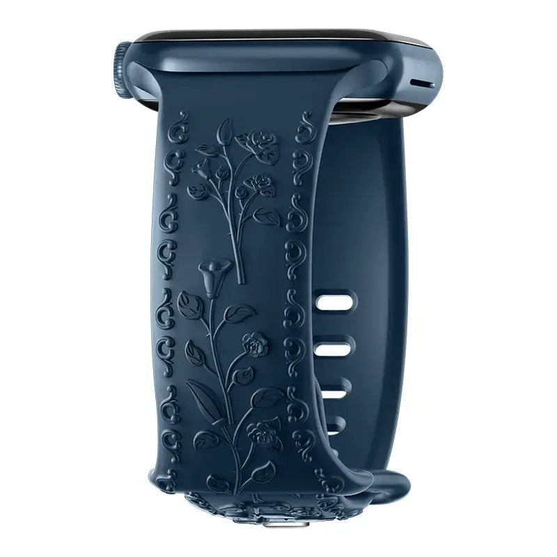 Flower engraved navy blue Apple Watch band, stylish and durable, perfect for enhancing your smartwatch look.