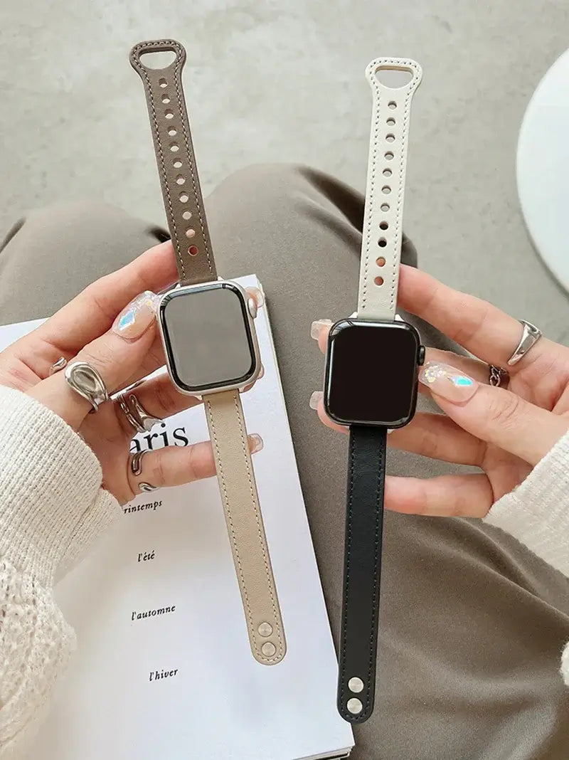 Stylish thin leather Apple Watch bands in beige and black, showcasing quality and elegance for smart watch accessories.