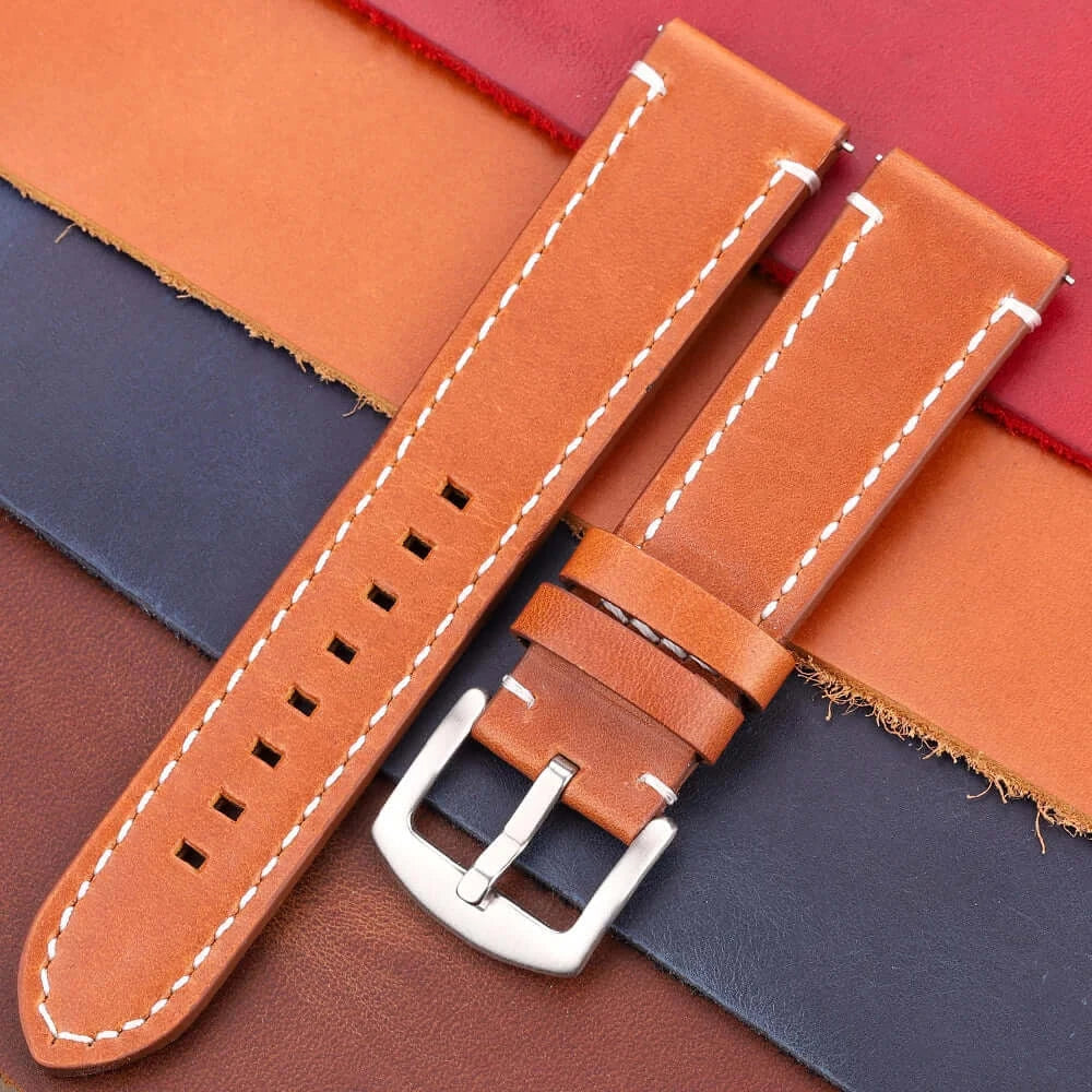 Durable leather Suunto watch band in tan with white stitching, perfect for active lifestyles and stylish look.