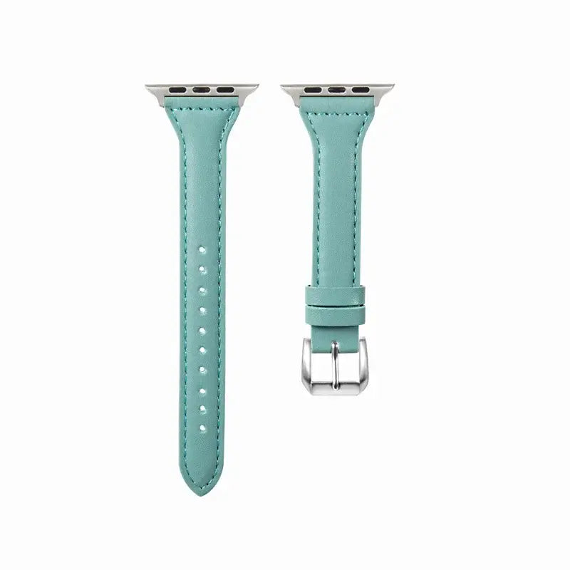 Slim mint green leather strap for Apple Watch, offering style and durability for the modern individual.