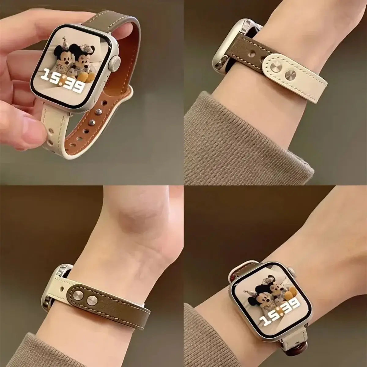Thin leather Apple Watch band in light and dark colors, showcasing stylish design on wrist with Mickey Mouse display.
