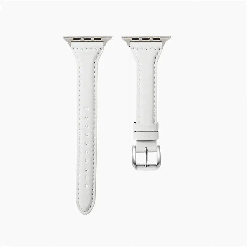Slim white leather straps for Apple Watch with silver buckle, stylish and durable design for a sophisticated look.