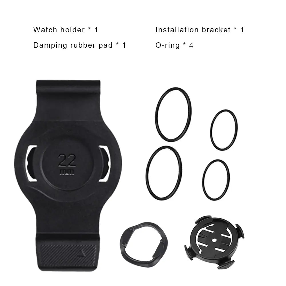 Garmin smartwatch bike mount components including watch holder, rubber pad, installation bracket, and O-rings.