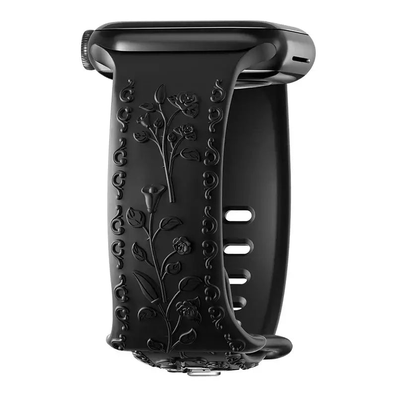 Flower engraved black Apple Watch band, stylish and durable, perfect for enhancing your smartwatch look.