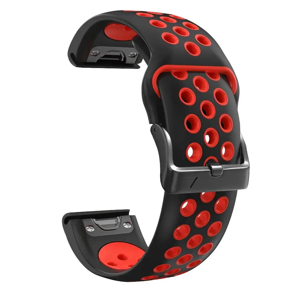 Breathable black and red silicone Garmin band with holes for ventilation and quick installation, perfect for active lifestyles.