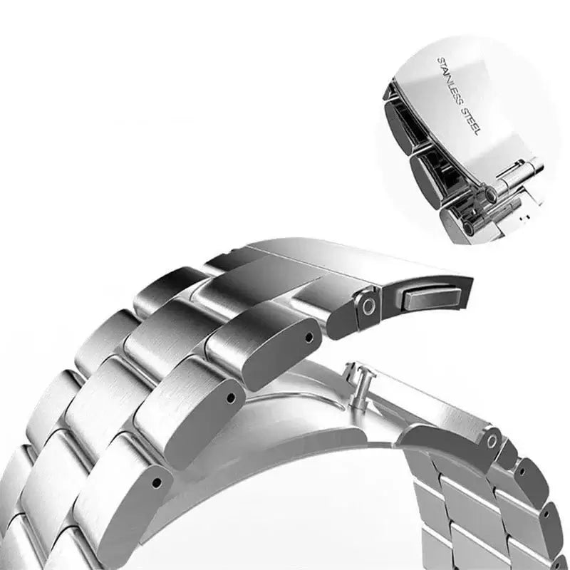 Stainless steel Garmin band with QuickFit feature, showcasing sleek design and durable clasp for easy adjustments.