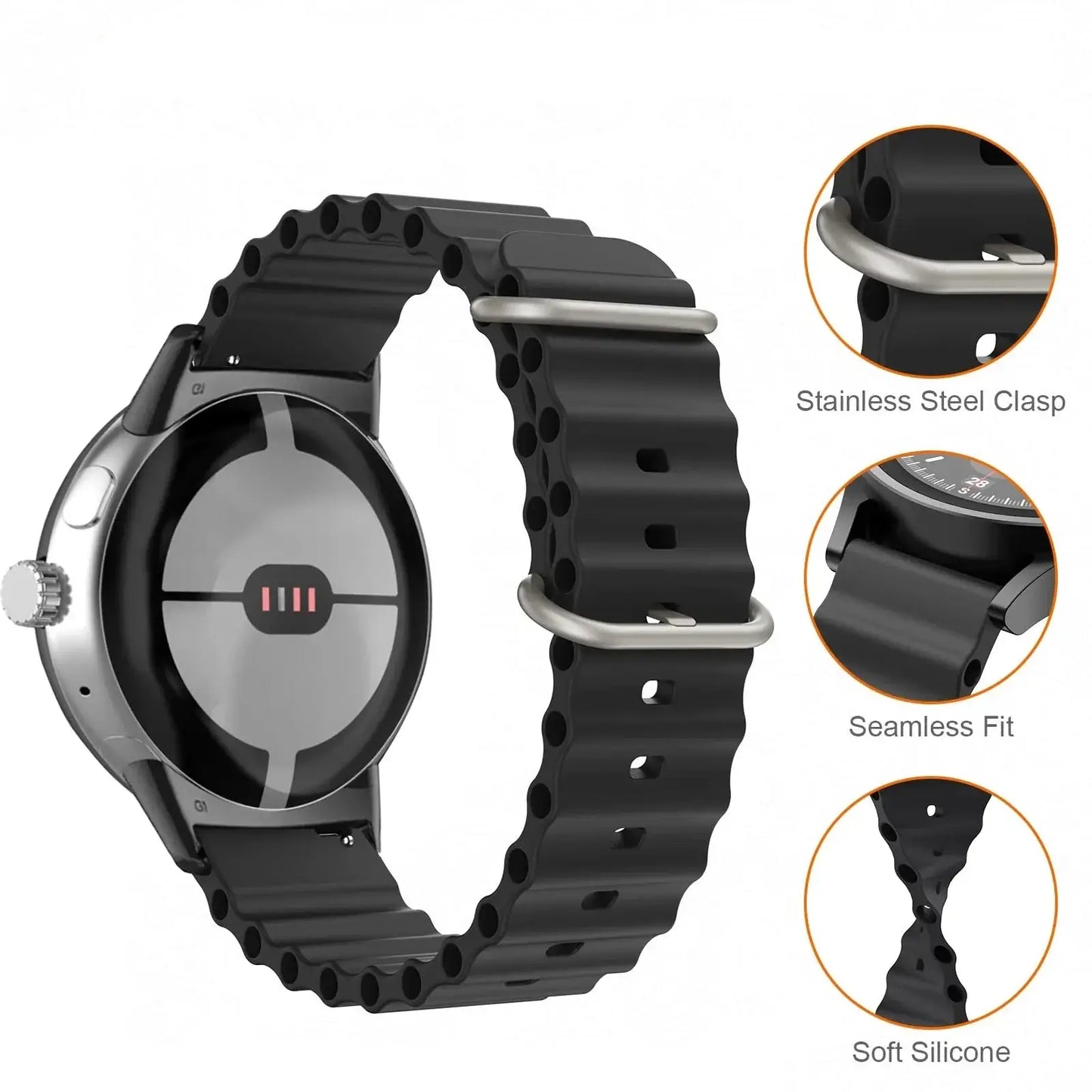 Black silicone strap for Google Pixel Watch featuring stainless steel clasp and seamless fit for durability and style.