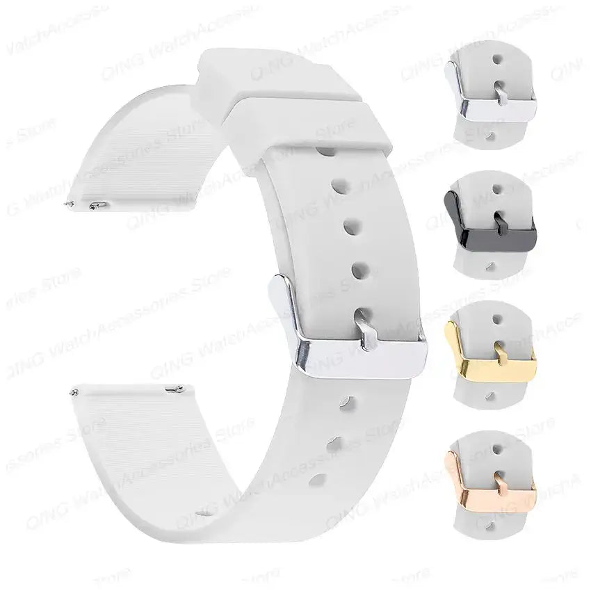 Silicone straps for Samsung Galaxy Watch in white, featuring adjustable metal buckles in black, silver, and gold.