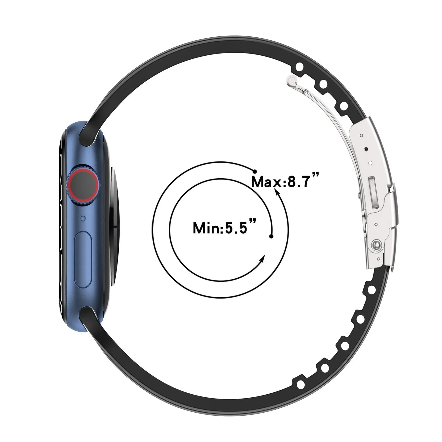 Silicone Apple Watch band shown with adjustable sizes, suitable for wrist sizes from 5.5" to 8.7" with metal buckle.