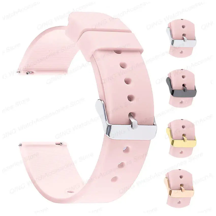 Silicone straps for Samsung Galaxy Watch in pink with adjustable metal buckles, perfect for style and comfort.
