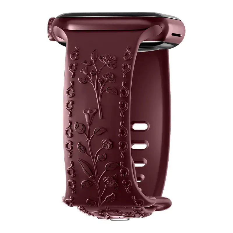 Flower engraved burgundy Apple Watch band with stylish design and exceptional durability for everyday elegance.