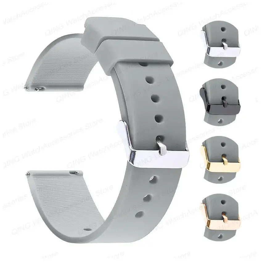 Silicone strap for Samsung Galaxy Watch in gray with adjustable buckle and colorful loop options.