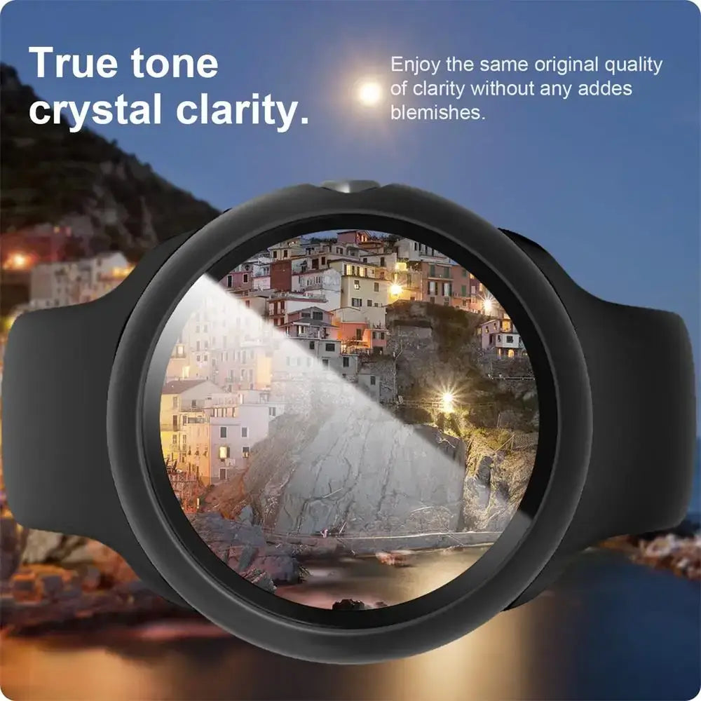 Protective case for Google Pixel Watch showcasing crystal clarity and true tone display against a scenic backdrop.