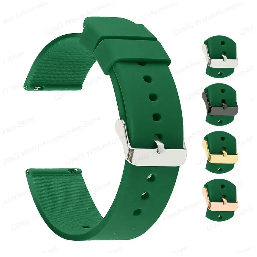 Green silicone strap for Samsung Galaxy Watch with adjustable buckle, featuring additional color options included.