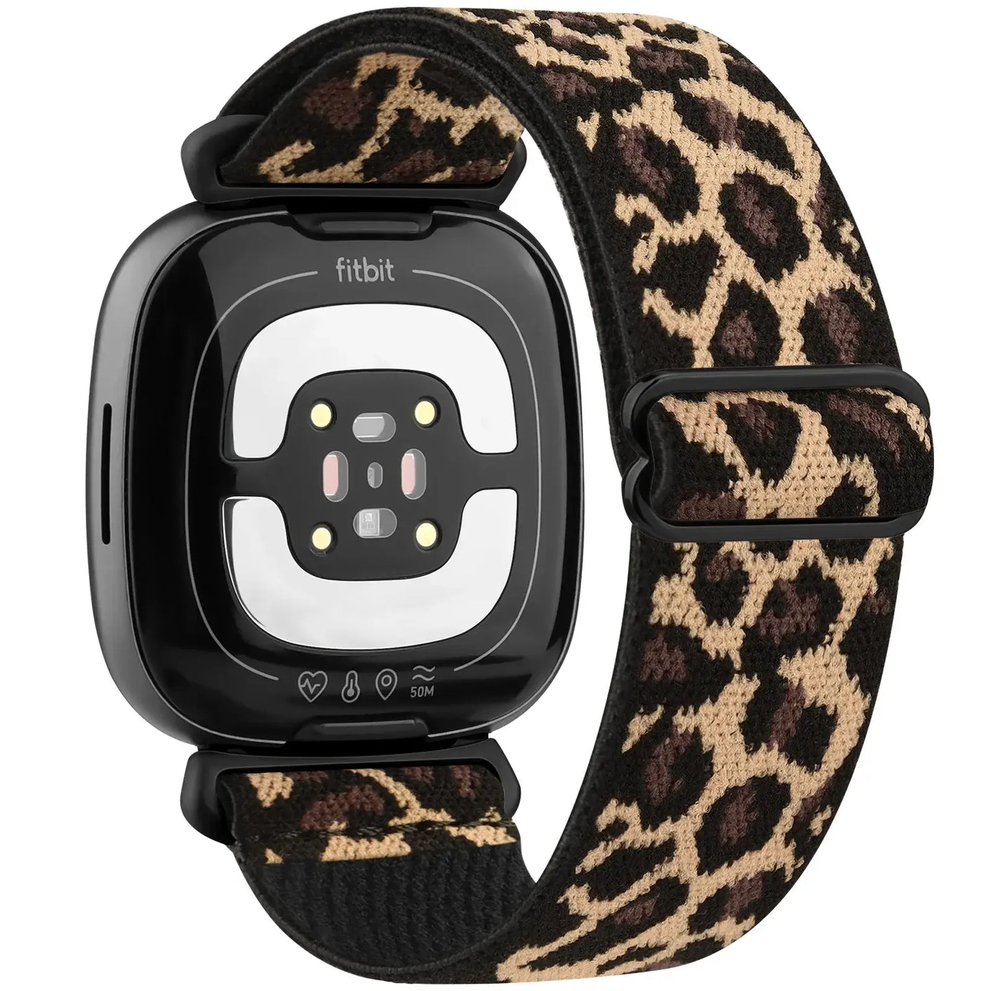 Stylish leopard print nylon band for Fitbit Versa and Sense, offering comfort and a chic look for your smartwatch.