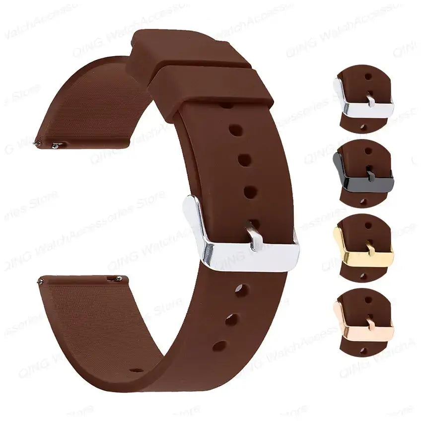 Brown silicone strap for Samsung Galaxy Watch with various buckle colors for style and versatility.