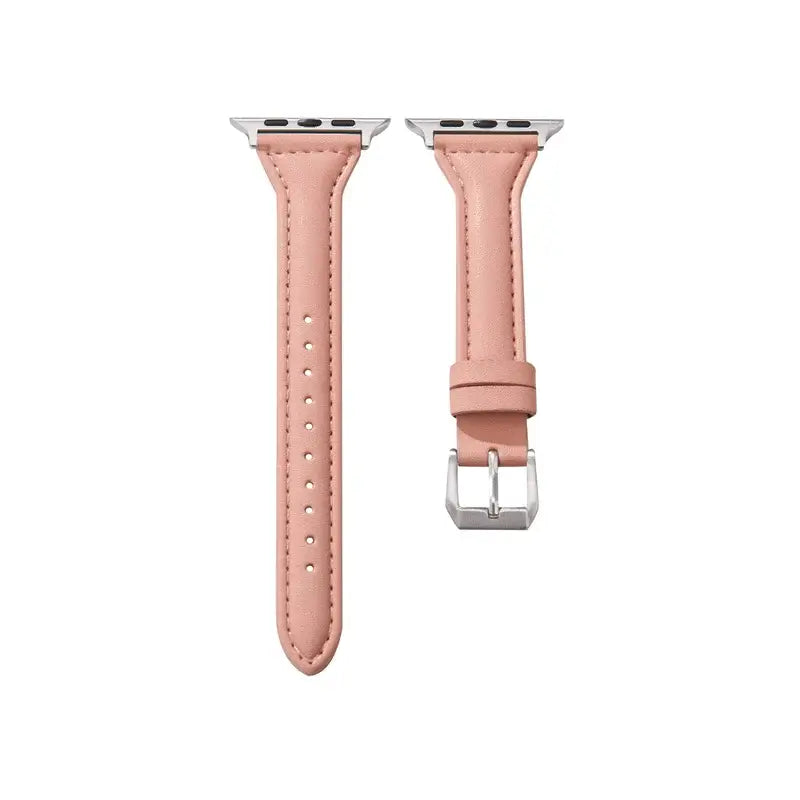 Slim pink leather strap for Apple Watch, showcasing premium craftsmanship and sleek design for stylish wearers.