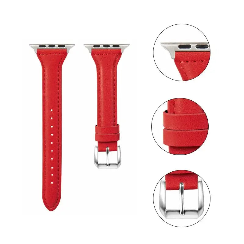 Red slim leather strap for Apple Watch with stylish silver buckle and designer details, perfect for a sophisticated look.