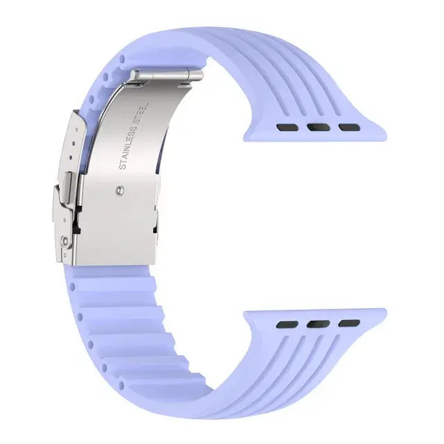 Silicone Apple Watch band in light purple with stainless steel buckle, combining style and durability for any occasion.