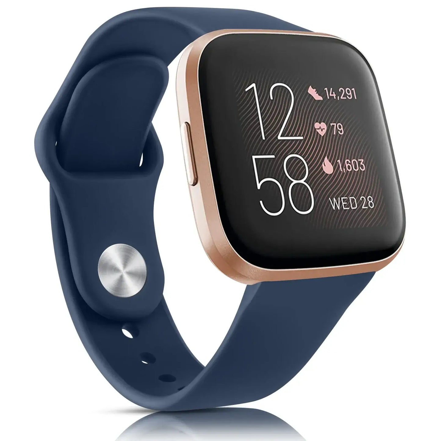 Stylish navy silicone band on Fitbit Versa smartwatch displaying time and fitness data. Perfect for personalization.