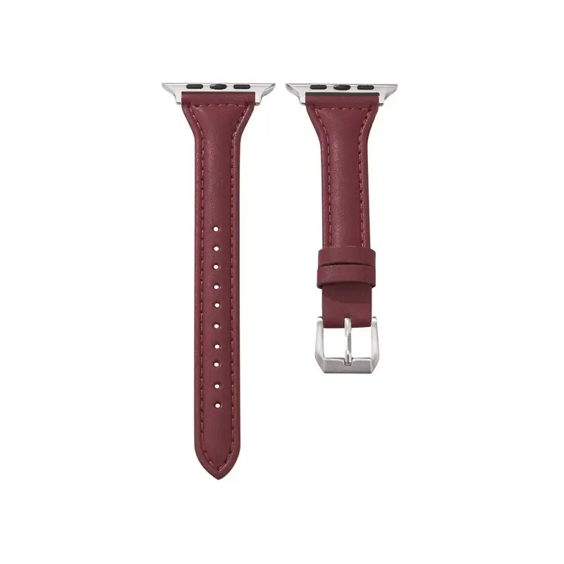 Slim burgundy leather strap for Apple Watch, showcasing premium quality and sleek design for a sophisticated look.
