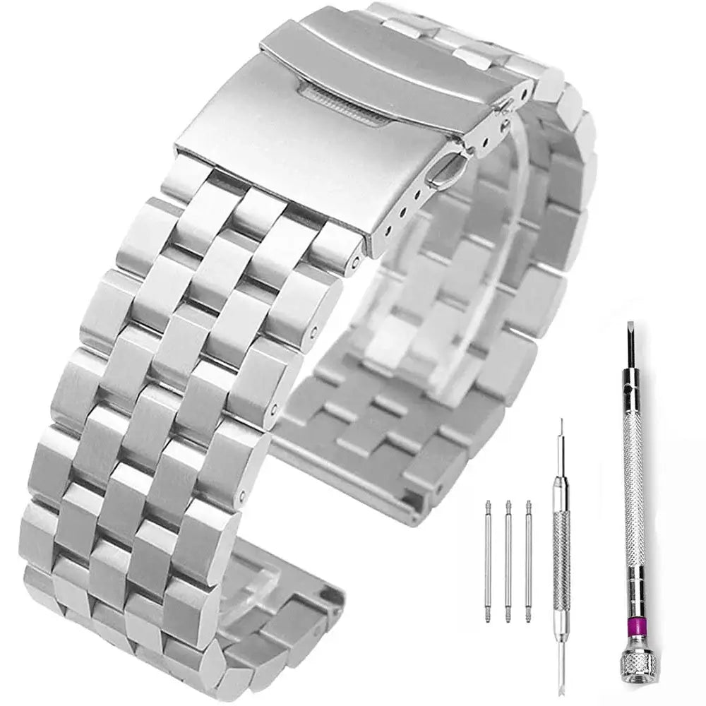 Stainless steel strap for Ticwatch with adjustment tools, showcasing sleek design and durability for various models.