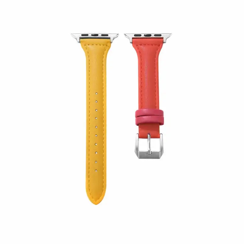 Slim leather straps for Apple Watch in vibrant yellow and red colors, combining style and durability for a fashionable look.