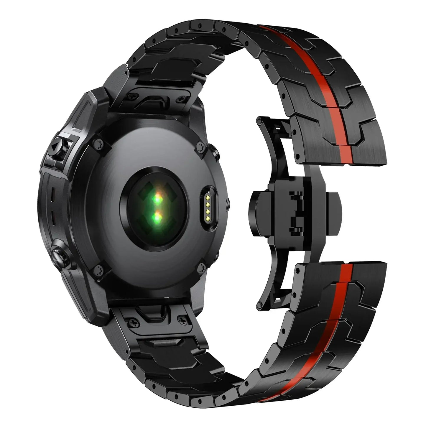 Black stainless steel Garmin QuickFit band with red accents, showcasing a sleek and stylish design for active lifestyles.