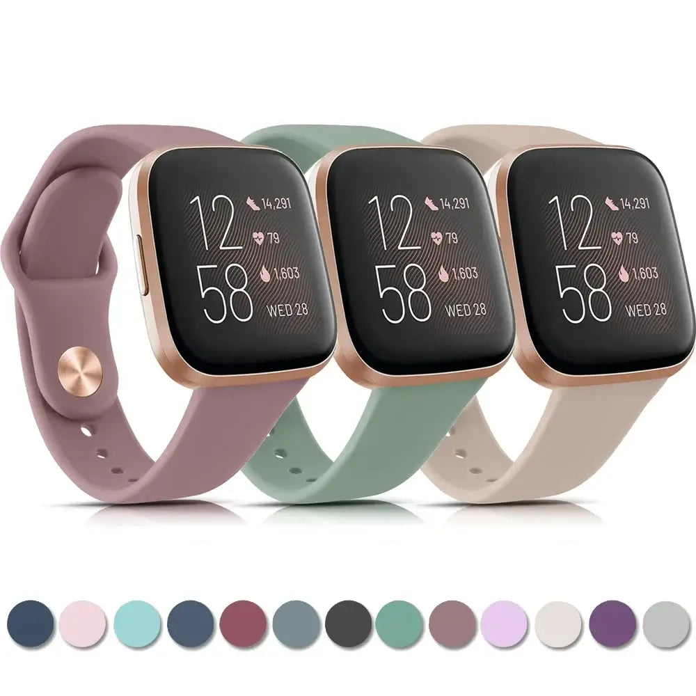 Stylish silicone bands for Fitbit Versa and Sense in lavender, green, and beige, showcasing a modern smartwatch look.