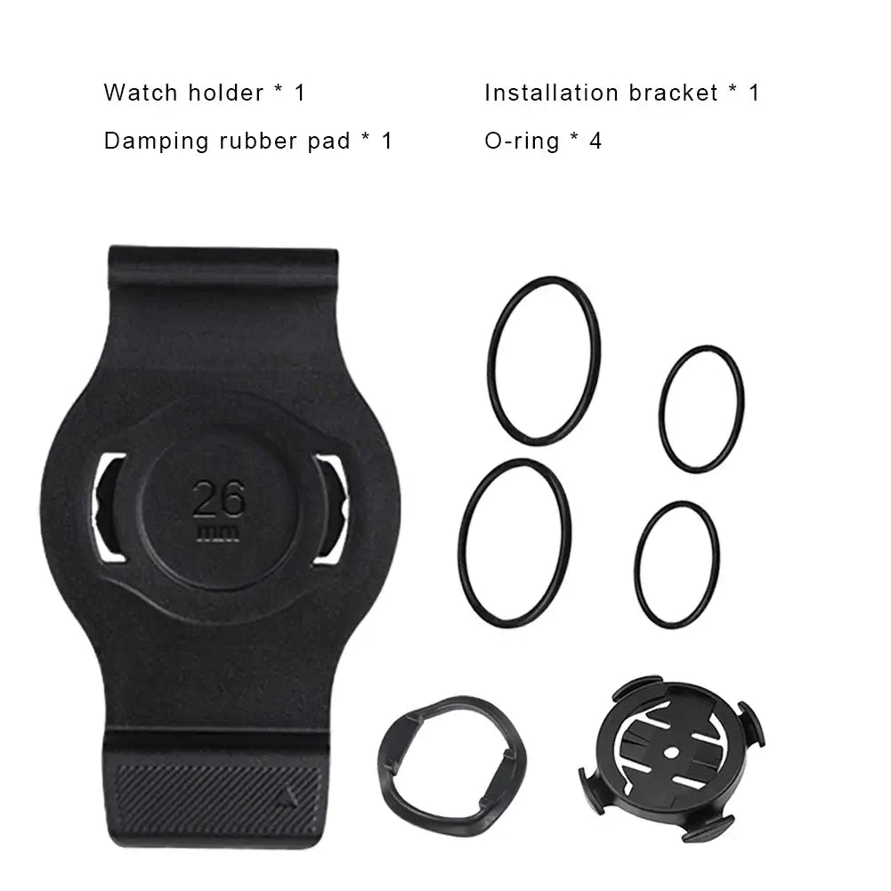 Garmin smartwatch bike mount components including watch holder, rubber pad, installation bracket, and O-rings.