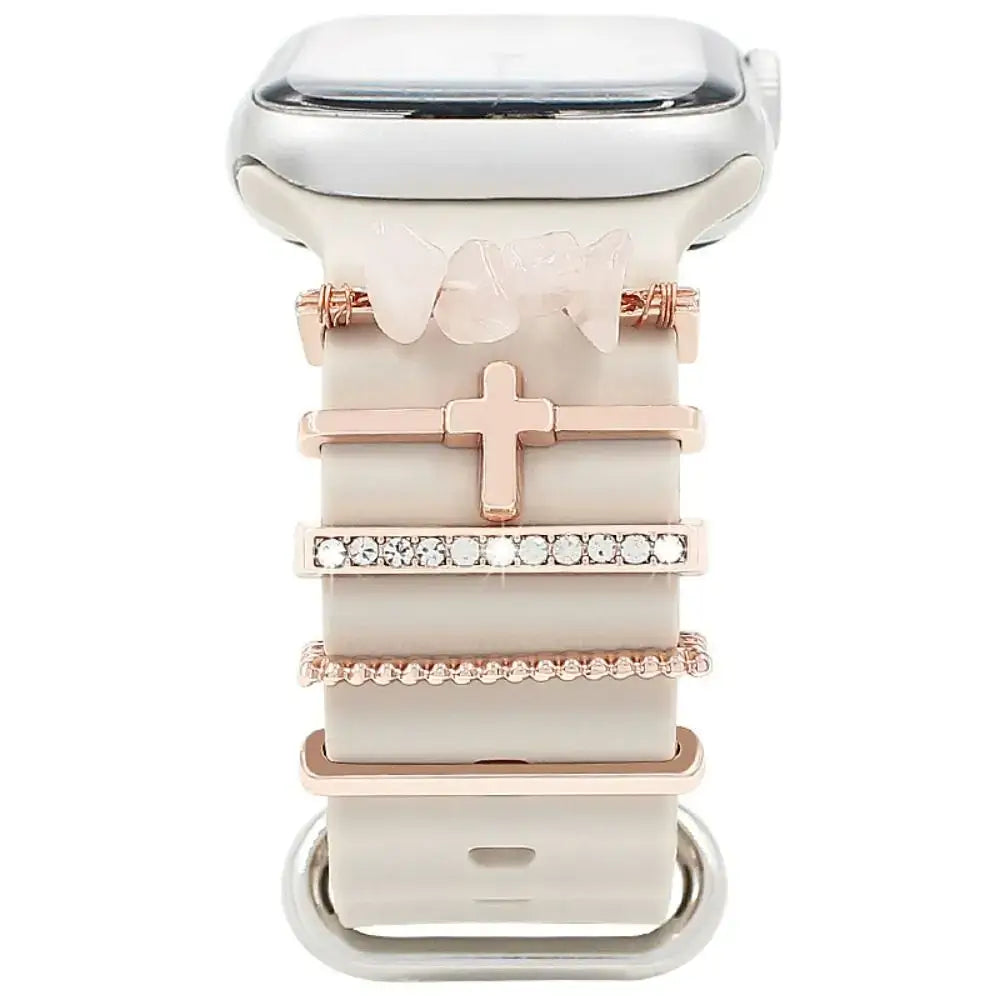 Decorative metal charms on a stylish Apple Watch band, enhancing your smartwatch with elegance and sophistication.
