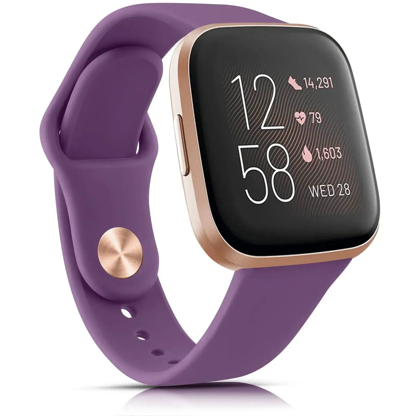 Stylish silicone band for Fitbit Versa in purple, showcasing smartwatch features and elegant design.