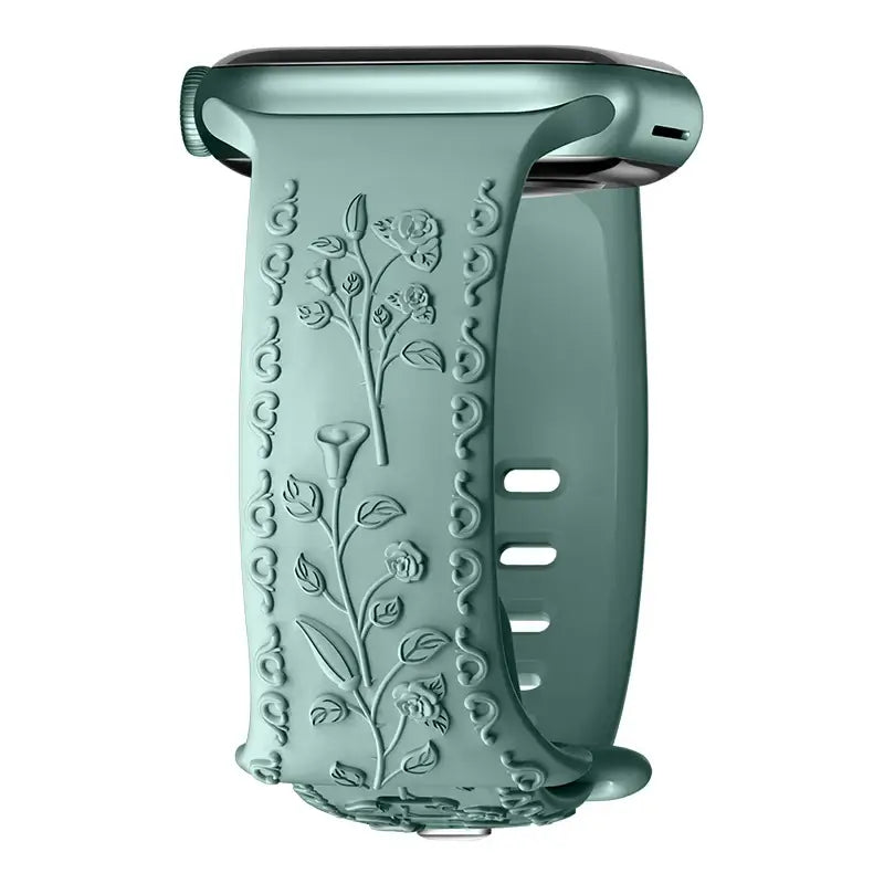 Flower engraved teal Apple Watch band designed for style and durability, enhancing your smartwatch experience.