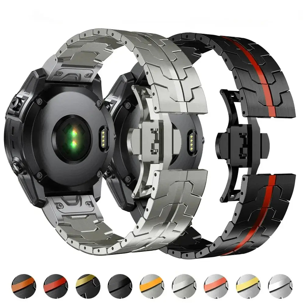 Stainless steel Garmin QuickFit bands in silver and black with color options, perfect for style and practicality.