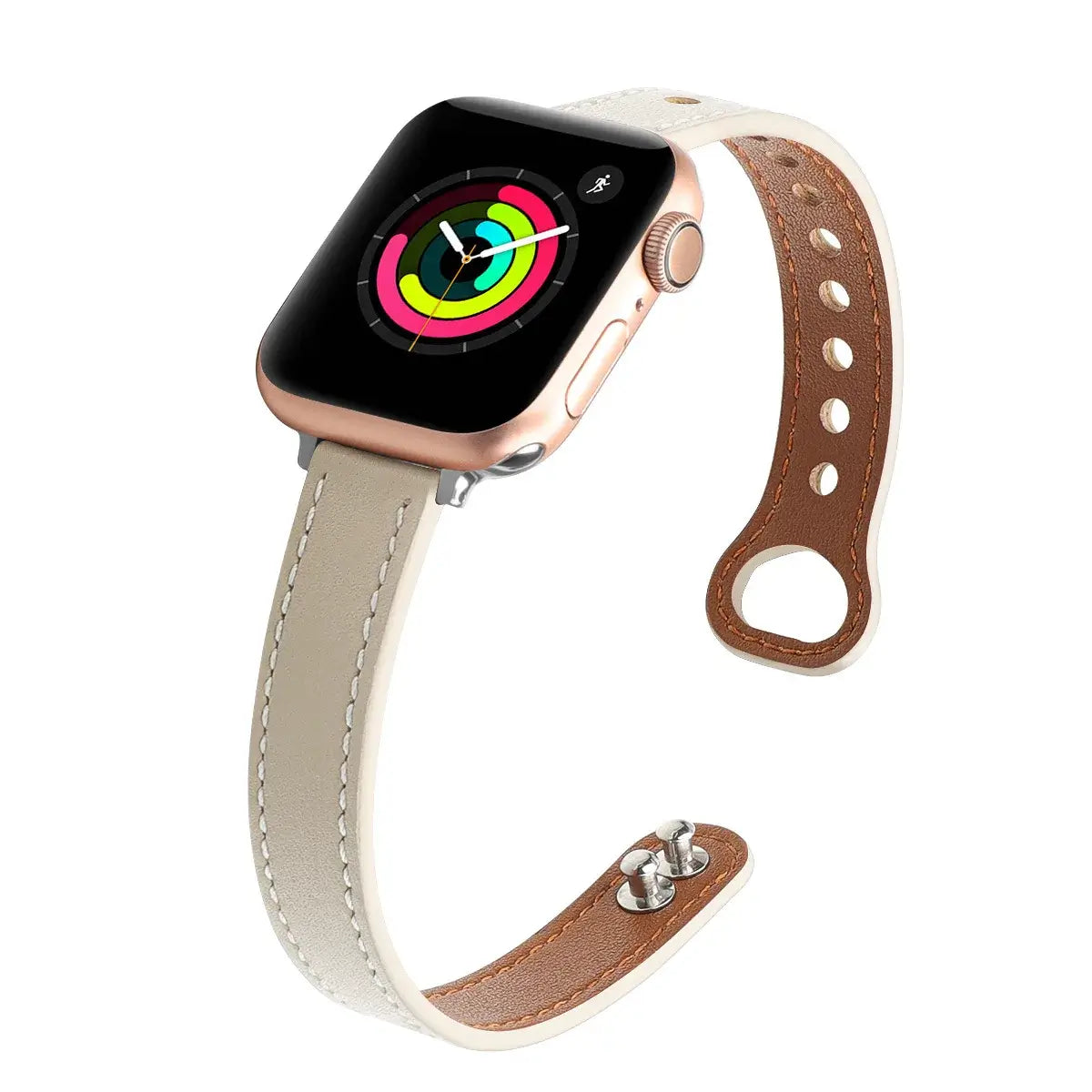 Thin leather Apple Watch band in cream and brown, combining style and durability for a chic accessory.