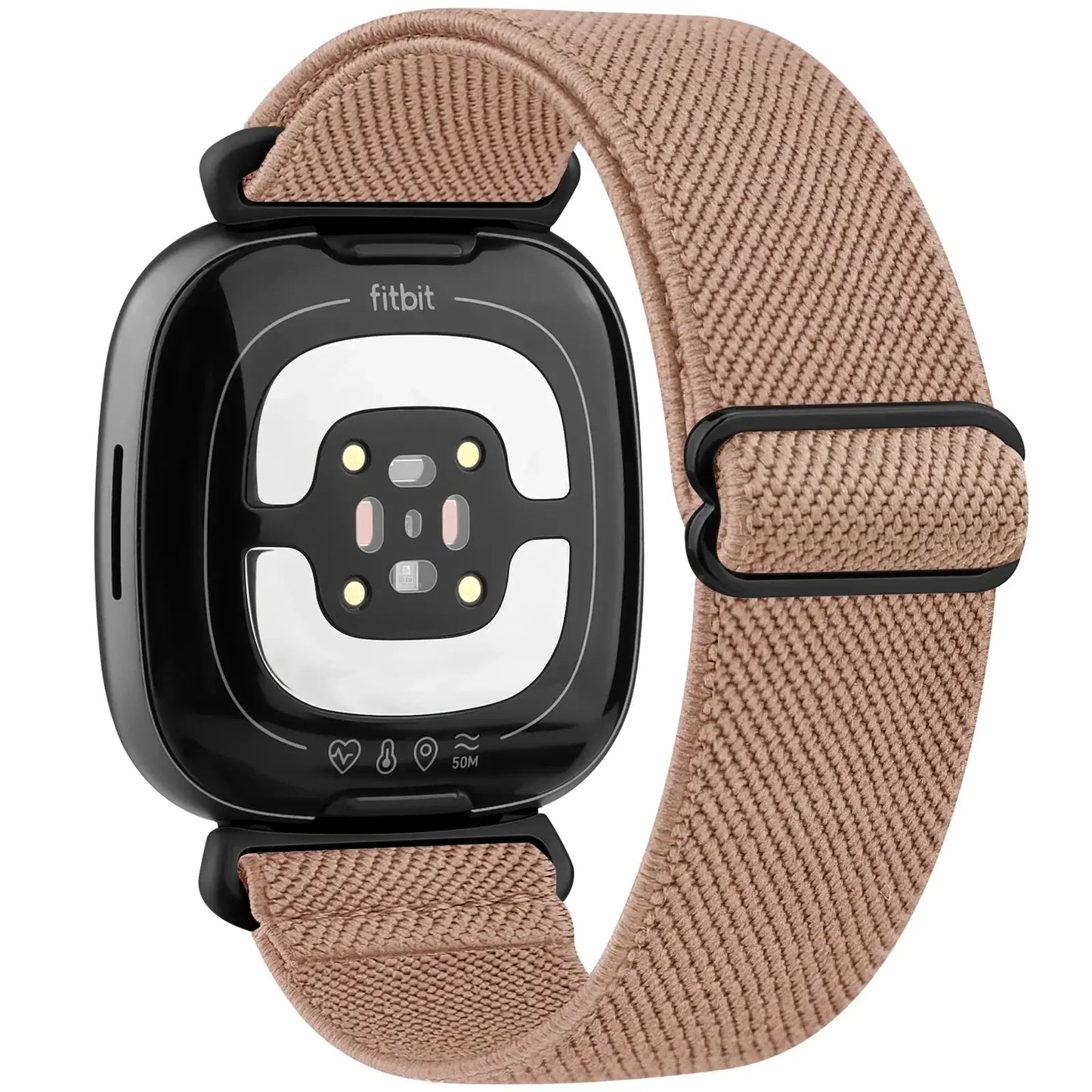 Nylon band for Fitbit Versa and Sense, showcasing minimalist design and comfort in stylish tan color.
